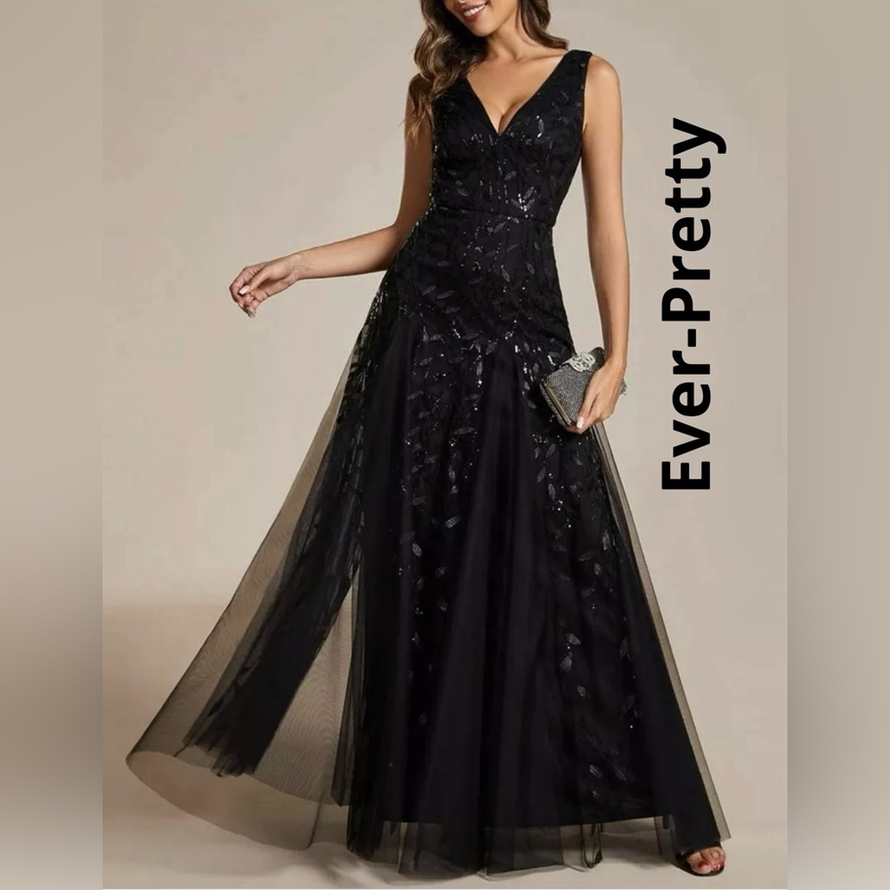 Ever-Pretty V-Neck Leaf Sequin Sleeveless A-Line Evening Dress with Tulle New!